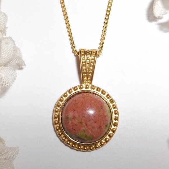 Unakite Gold Faux Gemstone Necklace Pendant Charm Circle Fashion Jewelry C971 - Picture 1 of 6